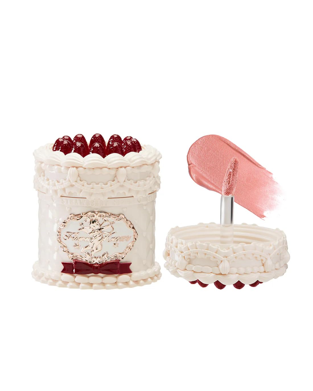 Flower Knows Enchanted Lip Kit,Strawberry Cupid Cake Lip Cream V03+V04 Set with Lip Brush & Leather Bag,4-Piece Makeup Gift Set