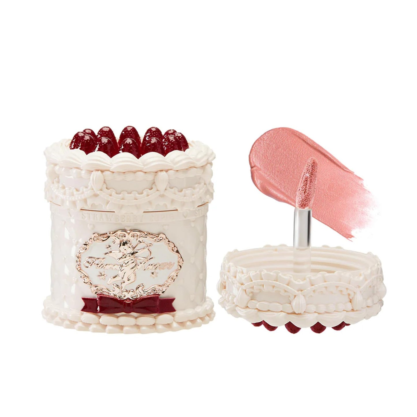Flower Knows Enchanted Lip Kit,Strawberry Cupid Cake Lip Cream V03+V04 Set with Lip Brush & Leather Bag,4-Piece Makeup Gift Set
