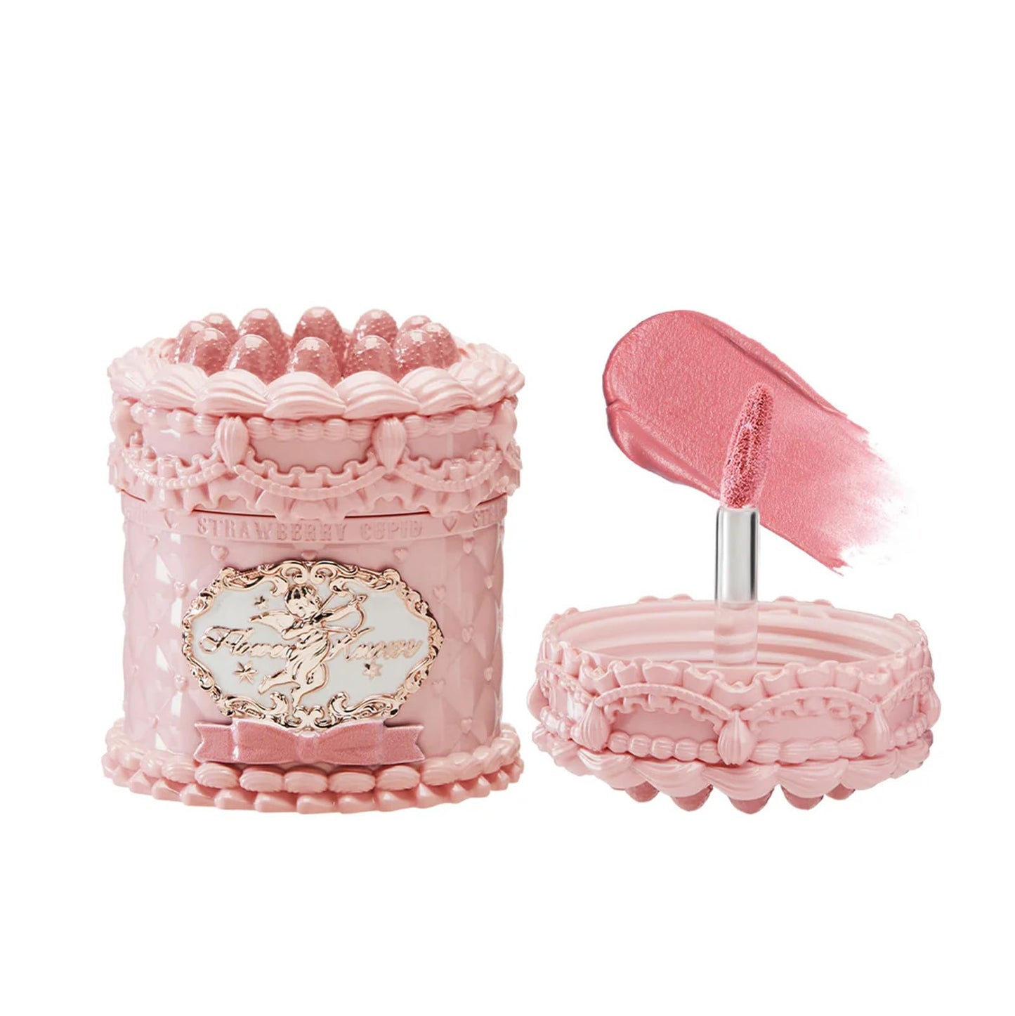 Flower Knows Enchanted Lip Kit,Strawberry Cupid Cake Lip Cream V03+V04 Set with Lip Brush & Leather Bag,4-Piece Makeup Gift Set