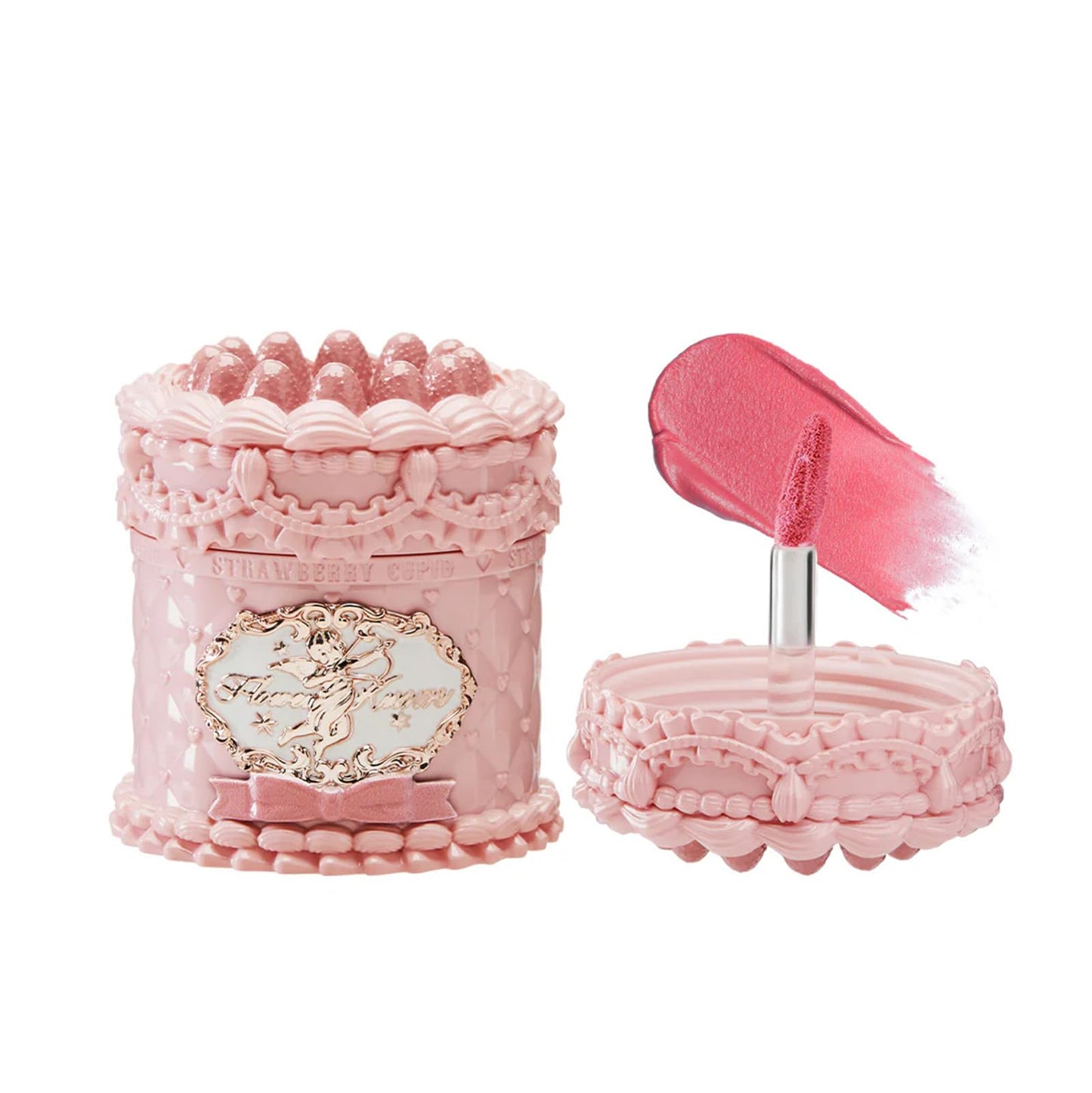 Flower Knows Enchanted Lip Kit,Strawberry Cupid Cake Lip Cream V03+V04 Set with Lip Brush & Leather Bag,4-Piece Makeup Gift Set