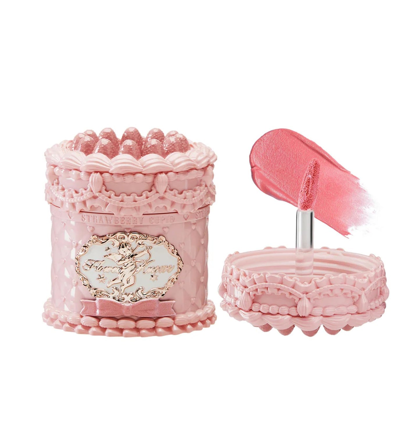 Flower Knows Enchanted Lip Kit,Strawberry Cupid Cake Lip Cream V03+V04 Set with Lip Brush & Leather Bag,4-Piece Makeup Gift Set