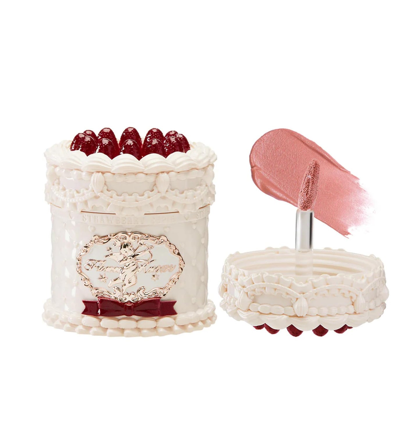 Flower Knows Enchanted Lip Kit,Strawberry Cupid Cake Lip Cream V03+V04 Set with Lip Brush & Leather Bag,4-Piece Makeup Gift Set