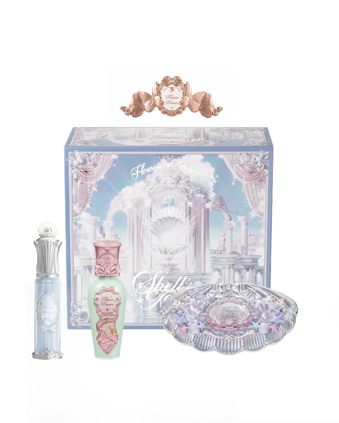 Flower Knows Strawberry Cupid 12-Piece Makeup Gift Box Set,Lip Cream×2+Liquid Blush×2+Makeup Palette×1+Hand Mirror×1+Solid Perfume×1+Hair Clip×1+Cushion Powder Puff×2+Eyeshadow Brush×1+Gift Box×1