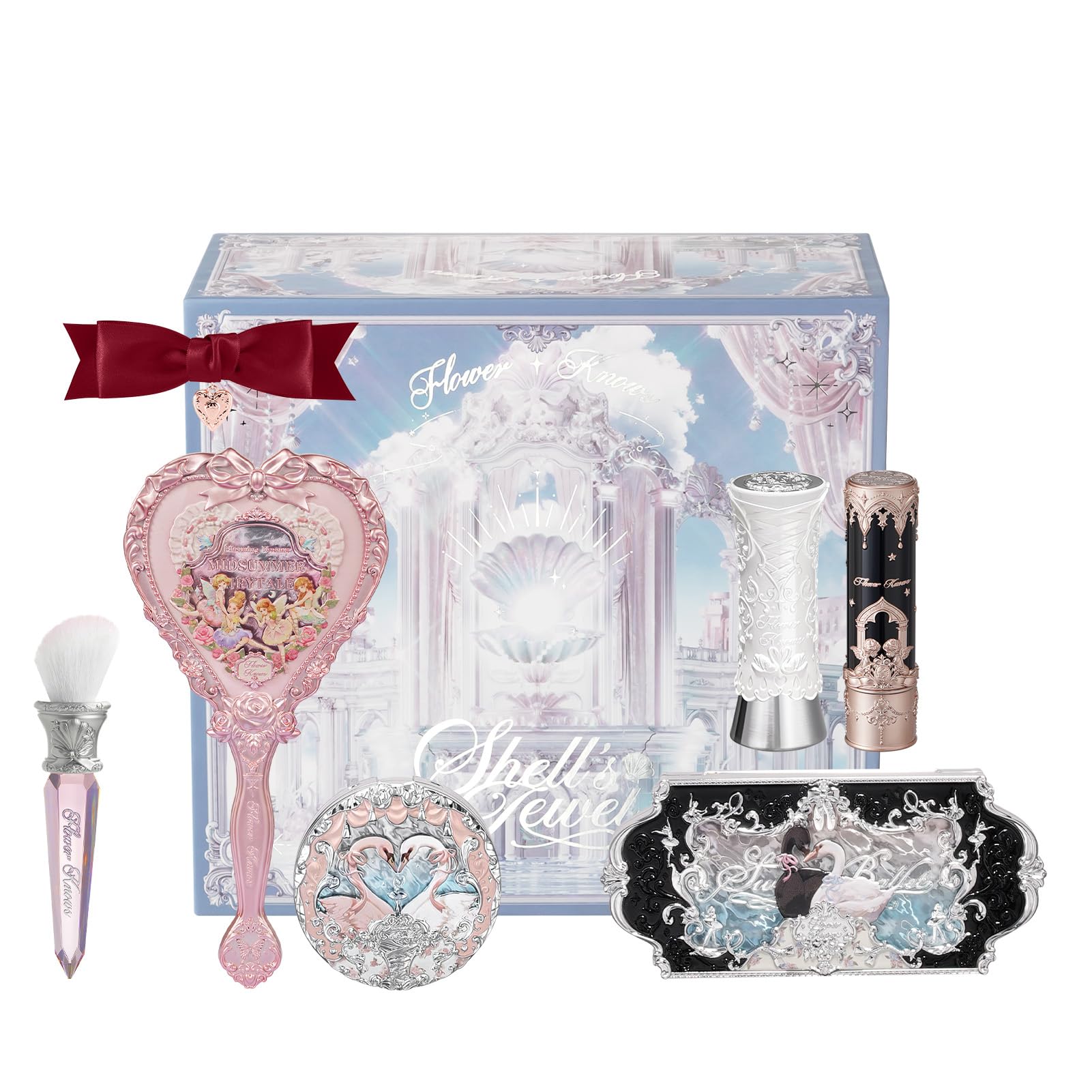 Flower Knows Strawberry Cupid 12-Piece Makeup Gift Box Set,Lip Cream×2+Liquid Blush×2+Makeup Palette×1+Hand Mirror×1+Solid Perfume×1+Hair Clip×1+Cushion Powder Puff×2+Eyeshadow Brush×1+Gift Box×1