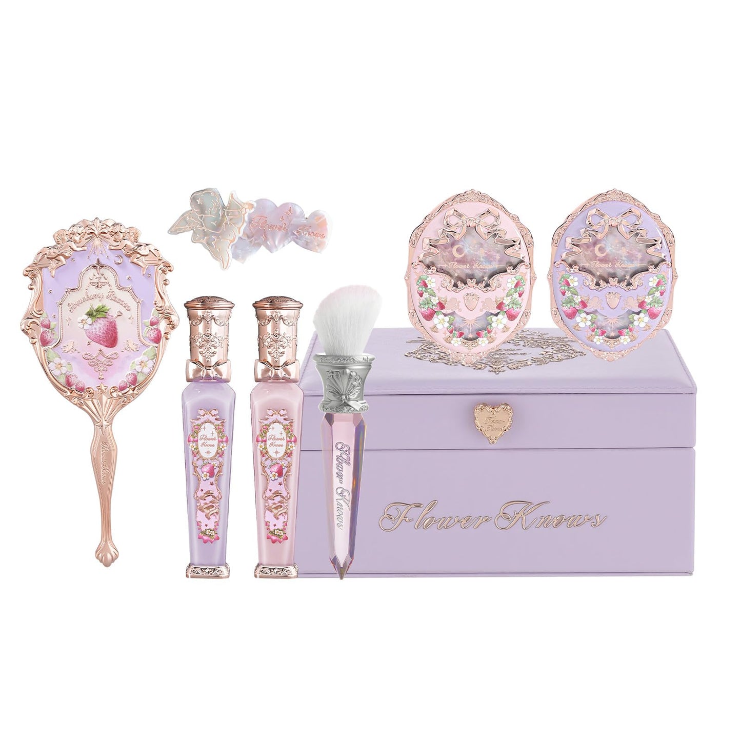 Flower Knows Strawberry Cupid 12-Piece Makeup Gift Box Set,Lip Cream×2+Liquid Blush×2+Makeup Palette×1+Hand Mirror×1+Solid Perfume×1+Hair Clip×1+Cushion Powder Puff×2+Eyeshadow Brush×1+Gift Box×1