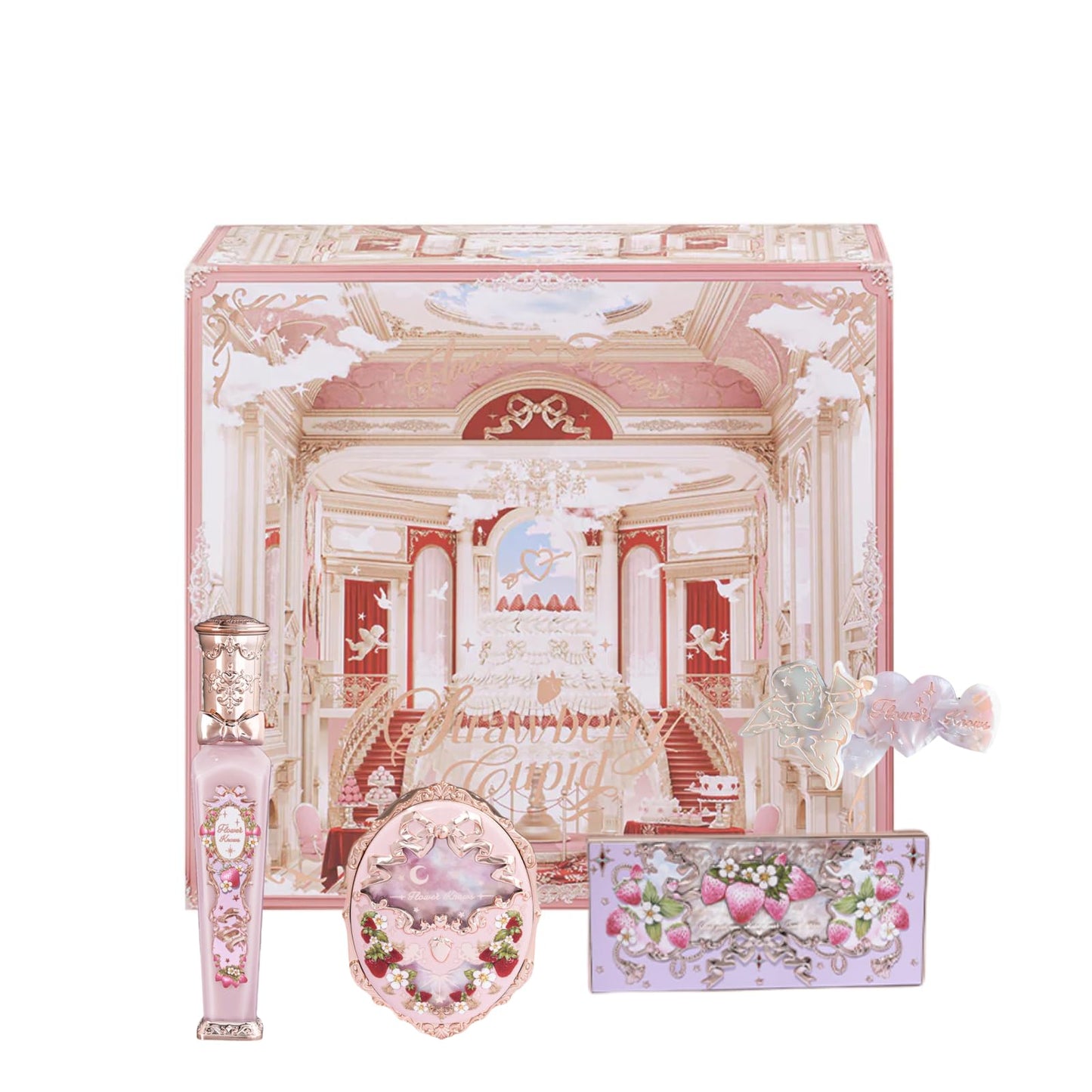 Flower Knows Strawberry Cupid 12-Piece Makeup Gift Box Set,Lip Cream×2+Liquid Blush×2+Makeup Palette×1+Hand Mirror×1+Solid Perfume×1+Hair Clip×1+Cushion Powder Puff×2+Eyeshadow Brush×1+Gift Box×1