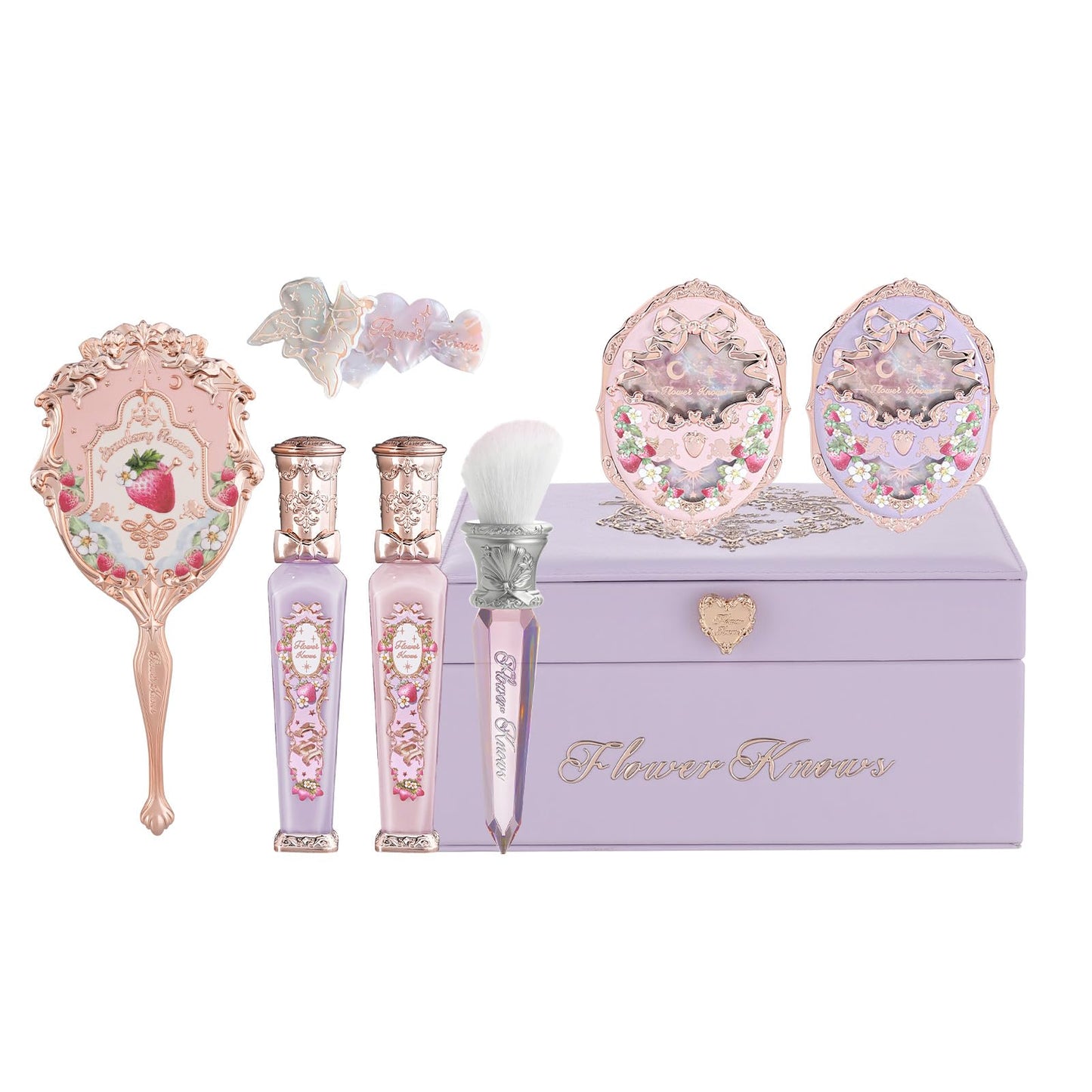 Flower Knows Strawberry Cupid 12-Piece Makeup Gift Box Set,Lip Cream×2+Liquid Blush×2+Makeup Palette×1+Hand Mirror×1+Solid Perfume×1+Hair Clip×1+Cushion Powder Puff×2+Eyeshadow Brush×1+Gift Box×1