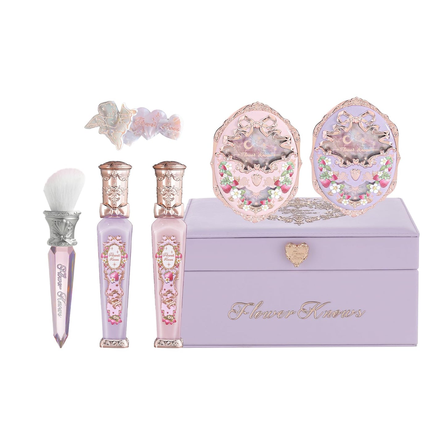Flower Knows Strawberry Cupid 12-Piece Makeup Gift Box Set,Lip Cream×2+Liquid Blush×2+Makeup Palette×1+Hand Mirror×1+Solid Perfume×1+Hair Clip×1+Cushion Powder Puff×2+Eyeshadow Brush×1+Gift Box×1