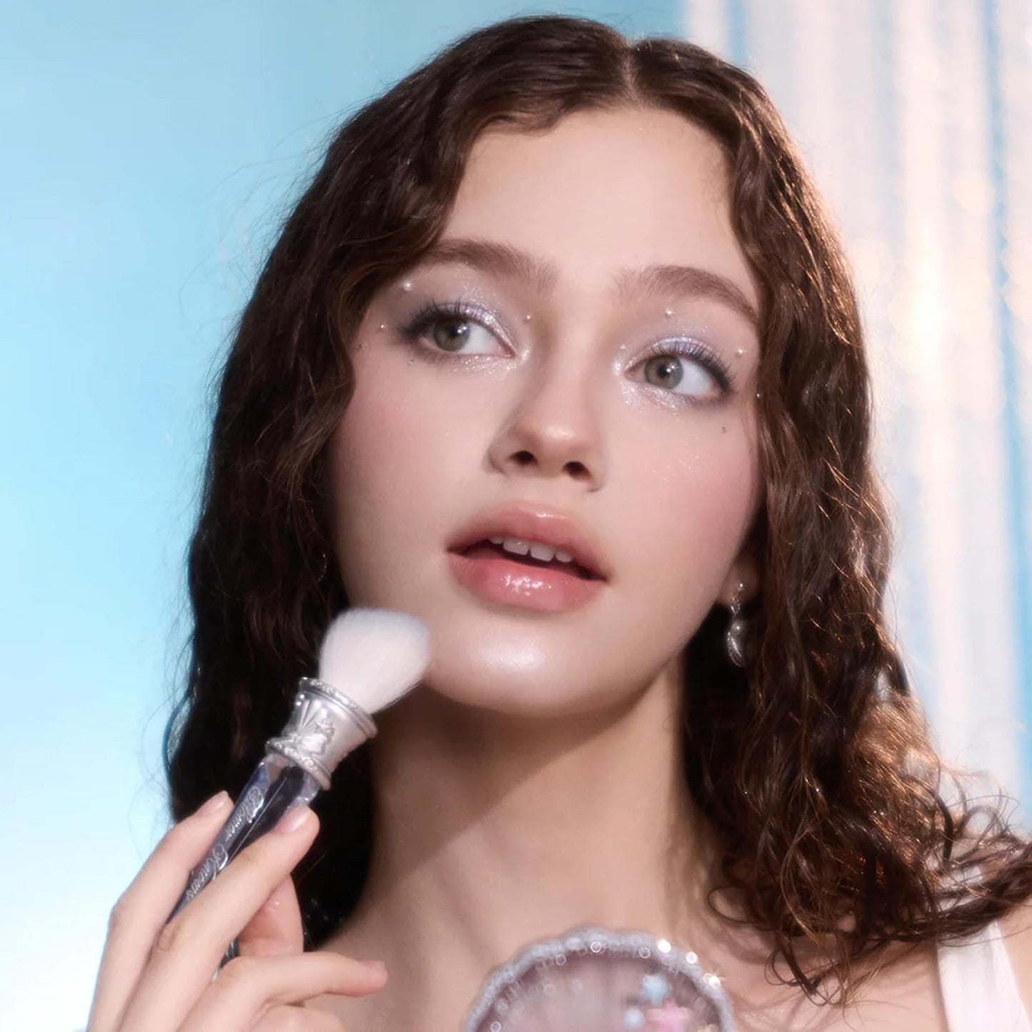 Flower Knows Shell's Jewel Angled Blush Brush,Soft Powder Blush Brush For Cheeks,Face Makeup Brush For A Sculpted Look,Lightweihgt,Vegan & Cruelty-Free(Crystal Pink)