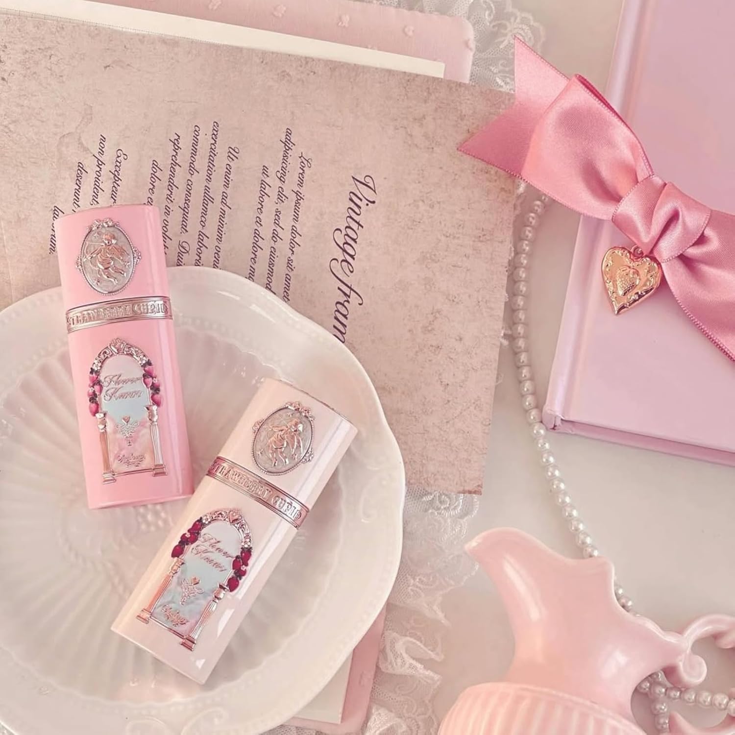 Flower Knows Strawberry Cupid 12-Piece Makeup Gift Box Set,Lip Cream×2+Liquid Blush×2+Makeup Palette×1+Hand Mirror×1+Solid Perfume×1+Hair Clip×1+Cushion Powder Puff×2+Eyeshadow Brush×1+Gift Box×1