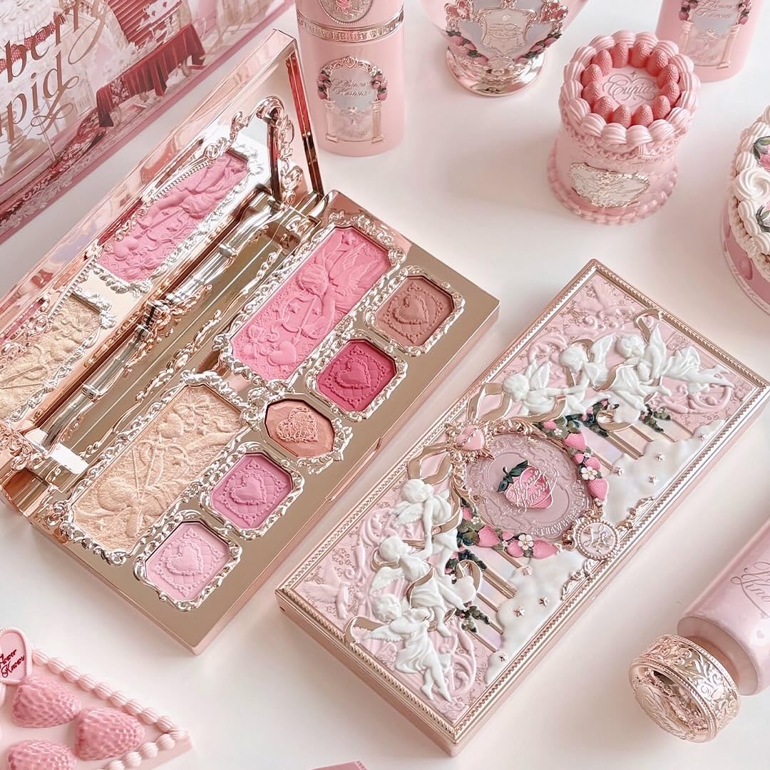 Flower Knows Strawberry Cupid Makeup Palette,Eyeshadow,Blush,Highlighting & Contour All-in-One Face Makeup Palette with 4 Matte+3 Shimmer Pink Shades(S02 Cupid's Mischief,0.49 Oz)