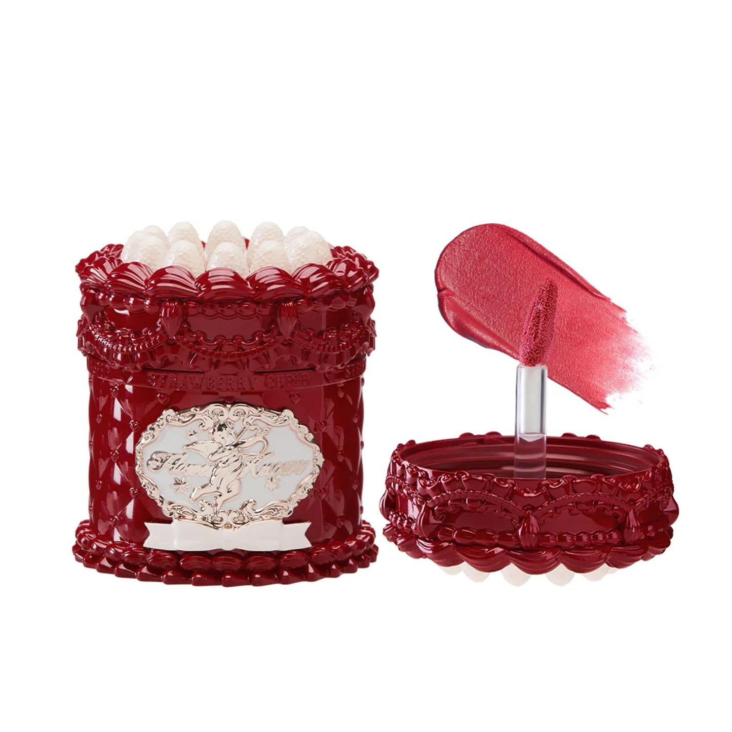Flower Knows Enchanted Lip Kit,Strawberry Cupid Cake Lip Cream V03+V04 Set with Lip Brush & Leather Bag,4-Piece Makeup Gift Set