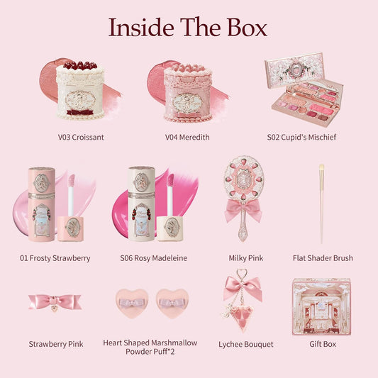 Flower Knows Strawberry Cupid 12-Piece Makeup Gift Box Set,Lip Cream×2+Liquid Blush×2+Makeup Palette×1+Hand Mirror×1+Solid Perfume×1+Hair Clip×1+Cushion Powder Puff×2+Eyeshadow Brush×1+Gift Box×1