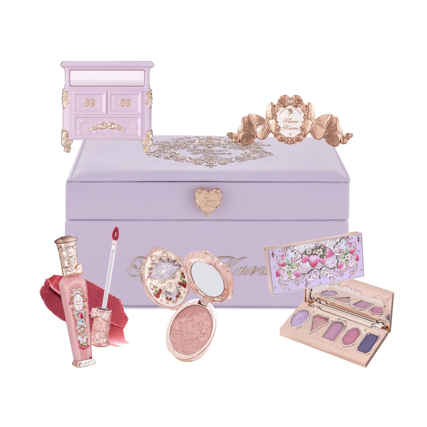Flower Knows Strawberry Cupid 12-Piece Makeup Gift Box Set,Lip Cream×2+Liquid Blush×2+Makeup Palette×1+Hand Mirror×1+Solid Perfume×1+Hair Clip×1+Cushion Powder Puff×2+Eyeshadow Brush×1+Gift Box×1