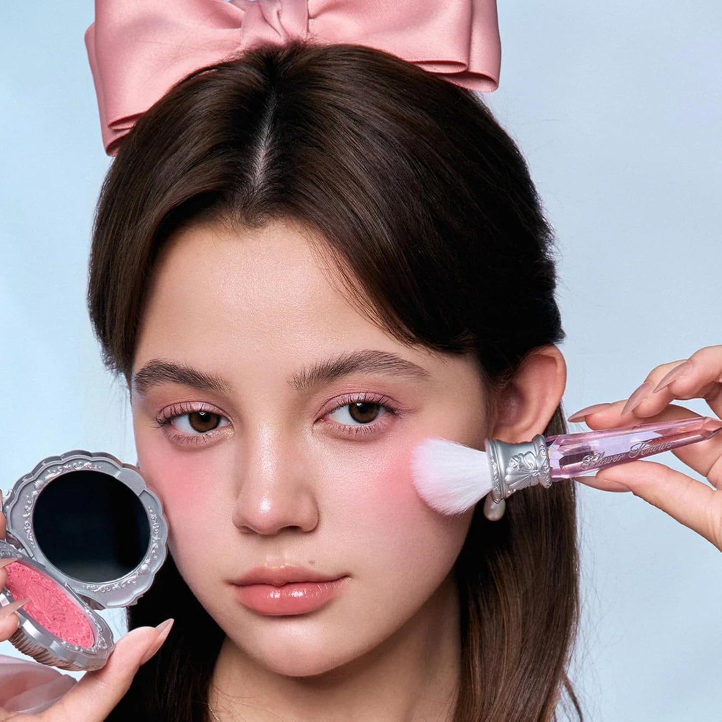 Flower Knows Shell's Jewel Angled Blush Brush,Soft Powder Blush Brush For Cheeks,Face Makeup Brush For A Sculpted Look,Lightweihgt,Vegan & Cruelty-Free(Crystal Pink)