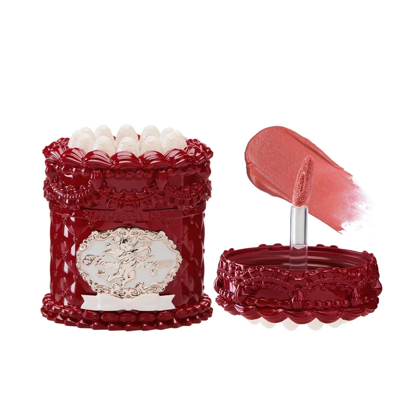 Flower Knows Enchanted Lip Kit,Strawberry Cupid Cake Lip Cream V03+V04 Set with Lip Brush & Leather Bag,4-Piece Makeup Gift Set