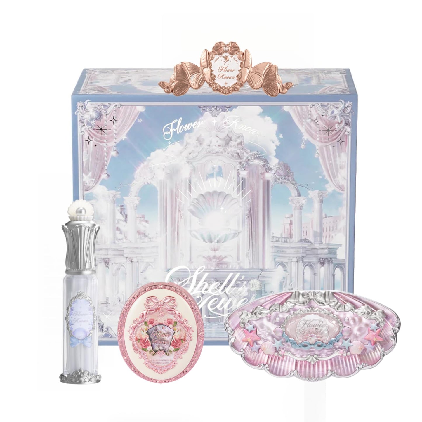 Flower Knows Strawberry Cupid 12-Piece Makeup Gift Box Set,Lip Cream×2+Liquid Blush×2+Makeup Palette×1+Hand Mirror×1+Solid Perfume×1+Hair Clip×1+Cushion Powder Puff×2+Eyeshadow Brush×1+Gift Box×1