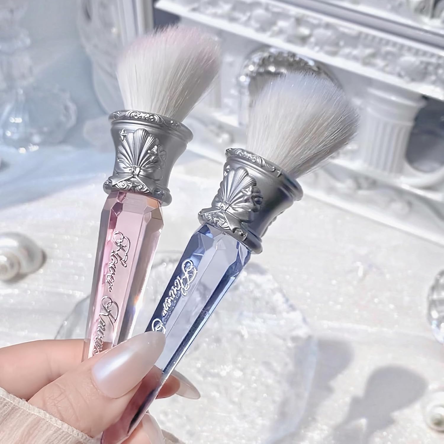 Flower Knows Shell's Jewel Angled Blush Brush,Soft Powder Blush Brush For Cheeks,Face Makeup Brush For A Sculpted Look,Lightweihgt,Vegan & Cruelty-Free(Crystal Pink)