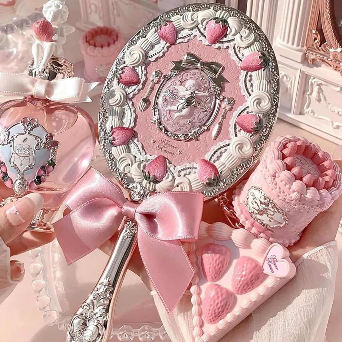 Flower Knows Strawberry Cupid 12-Piece Makeup Gift Box Set,Lip Cream×2+Liquid Blush×2+Makeup Palette×1+Hand Mirror×1+Solid Perfume×1+Hair Clip×1+Cushion Powder Puff×2+Eyeshadow Brush×1+Gift Box×1