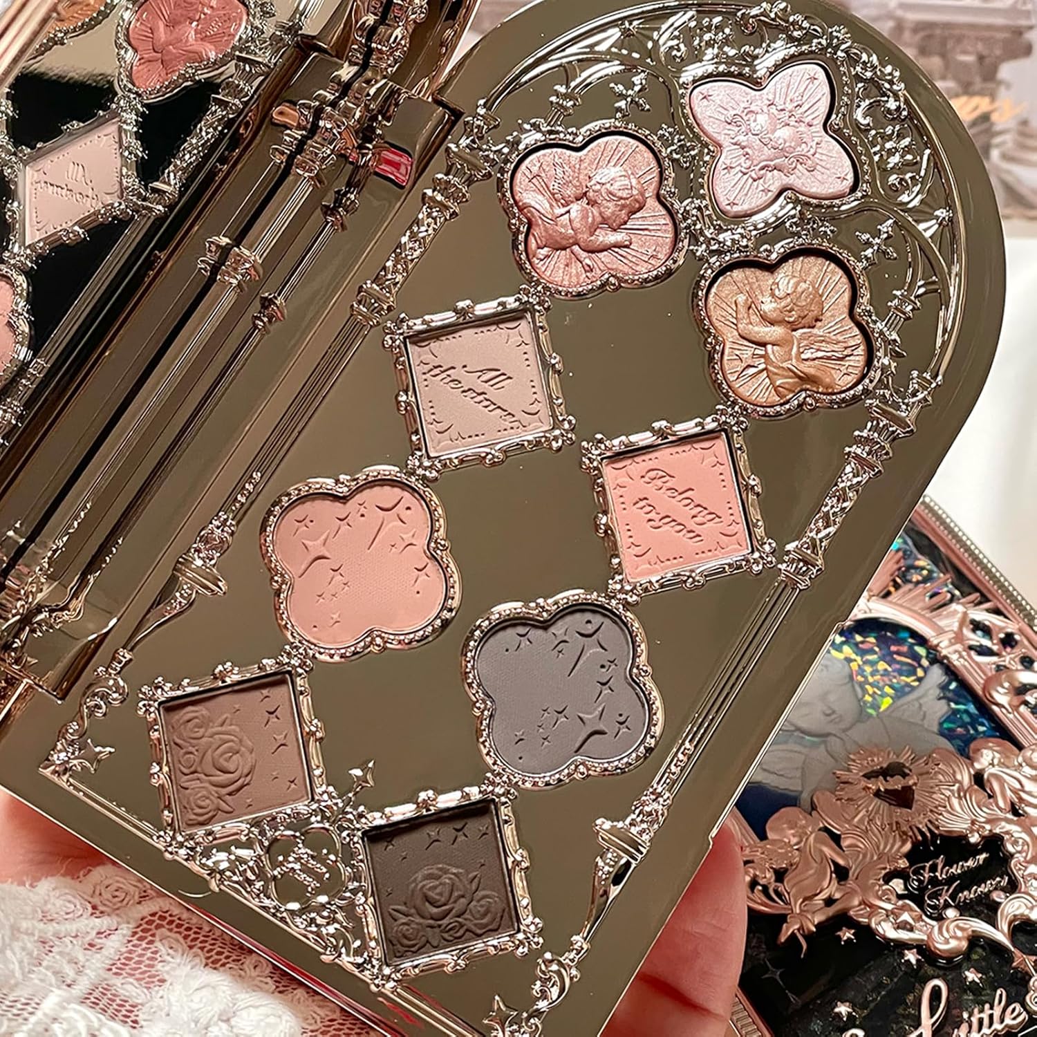 Flower Knows Little Angel 9-Color Eyeshadow Palette - 6 Matte+3 Shimmer Neutral Shades,Long-lasting,Easy-to-apply & Highly Pigmented Goth Eye Shadow(01 Edens Angel,0.37 Oz)