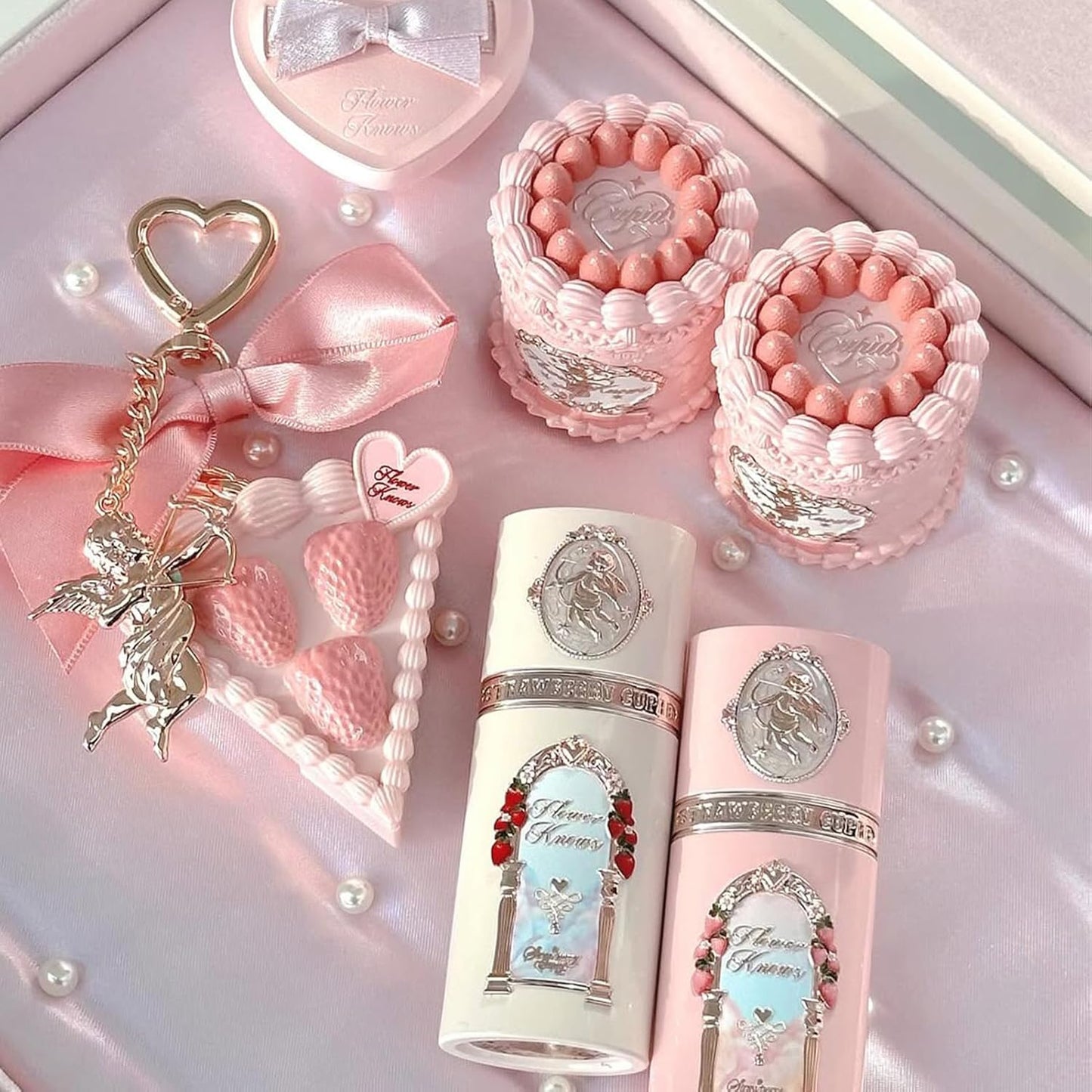 Flower Knows Strawberry Cupid 12-Piece Makeup Gift Box Set,Lip Cream×2+Liquid Blush×2+Makeup Palette×1+Hand Mirror×1+Solid Perfume×1+Hair Clip×1+Cushion Powder Puff×2+Eyeshadow Brush×1+Gift Box×1