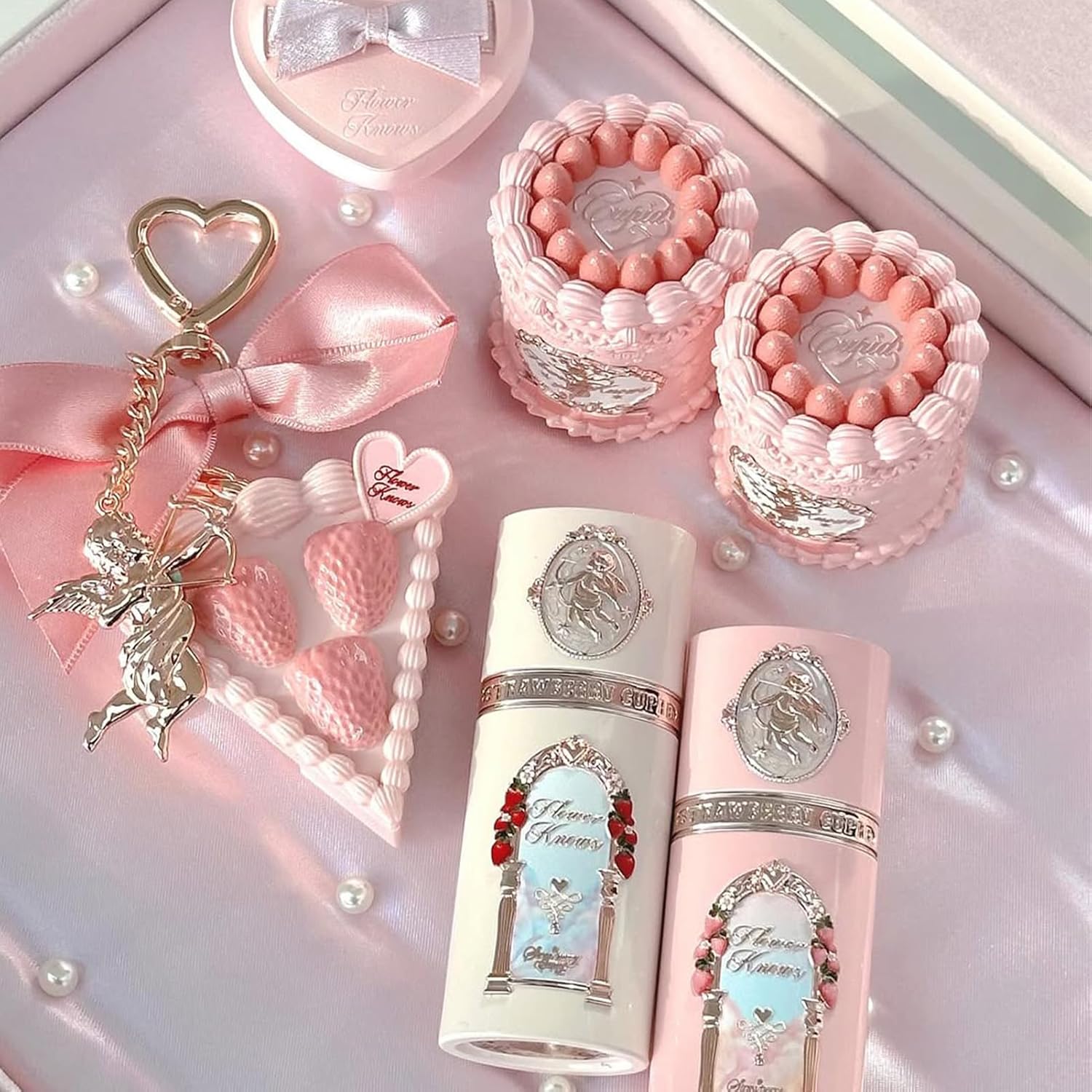 Flower Knows Strawberry Cupid 12-Piece Makeup Gift Box Set,Lip Cream×2+Liquid Blush×2+Makeup Palette×1+Hand Mirror×1+Solid Perfume×1+Hair Clip×1+Cushion Powder Puff×2+Eyeshadow Brush×1+Gift Box×1