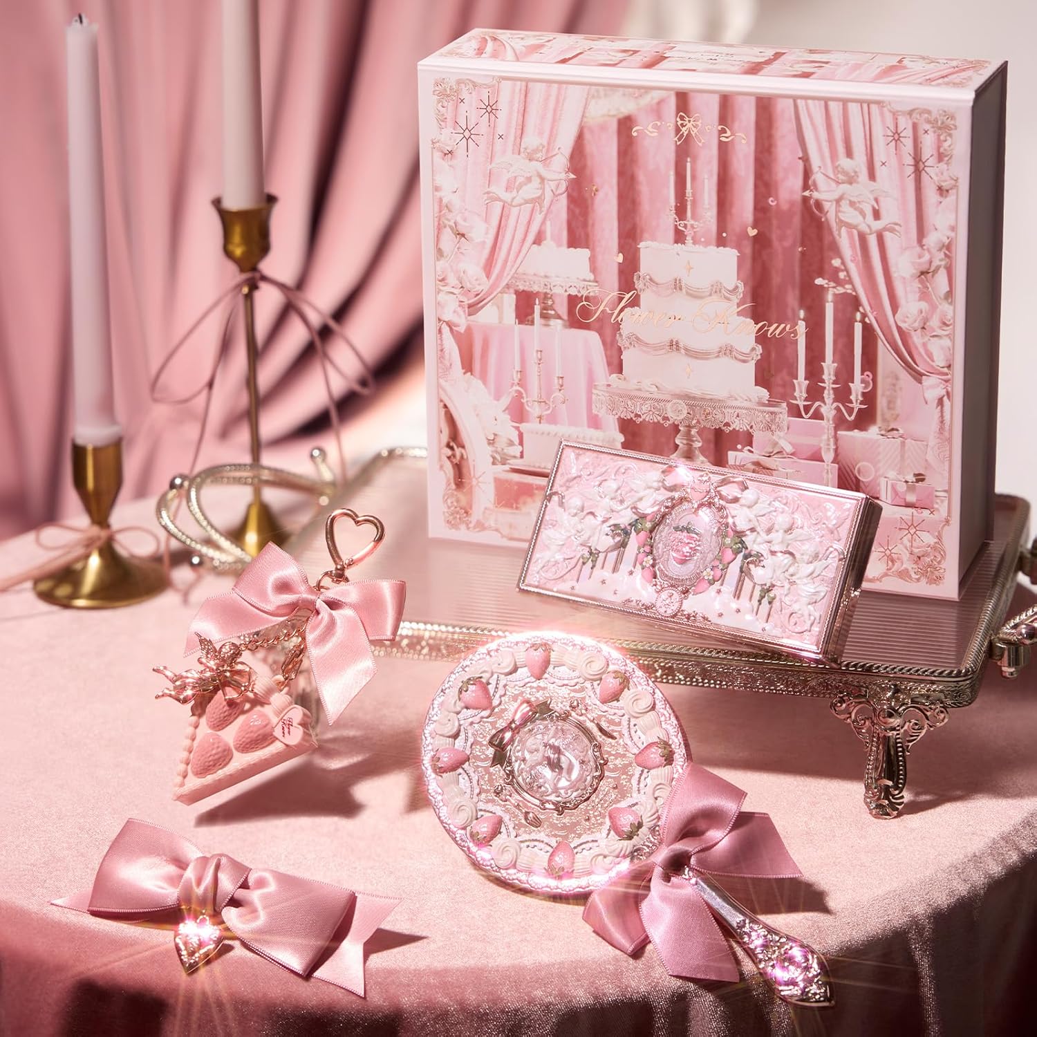 Flower Knows Strawberry Cupid 5-Piece Makeup Gift Box Set-Berry Enchanted Garden, Lip Cream + Solid Perfume + Pocket Mirror + Folding Gift Box(02 Berry Enchanted Garden Set Set)