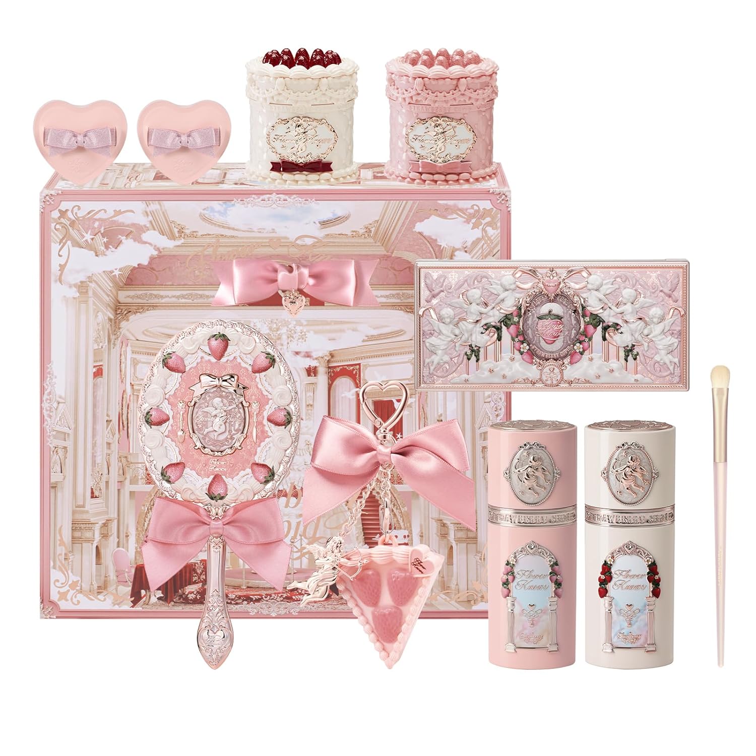 Flower Knows Strawberry Cupid 12-Piece Makeup Gift Box Set,Lip Cream×2+Liquid Blush×2+Makeup Palette×1+Hand Mirror×1+Solid Perfume×1+Hair Clip×1+Cushion Powder Puff×2+Eyeshadow Brush×1+Gift Box×1